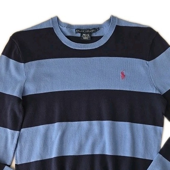 Ralph Lauren Sweater Womens L Preppy Blue Striped Pima Cotton Crew College Y2K - Picture 2 of 7